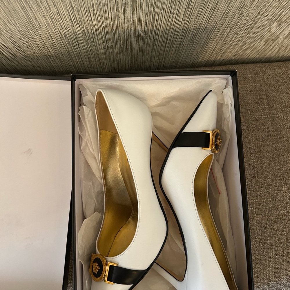 Versace White and Black Heels with Gold Accents